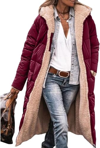 ASKSA Damen Lang Daunenmantel Warm Fleece Reversibel Winterjacke Daunenjacke Mantel Kapuze Fleecejacke (Rotwein,M) von ASKSA