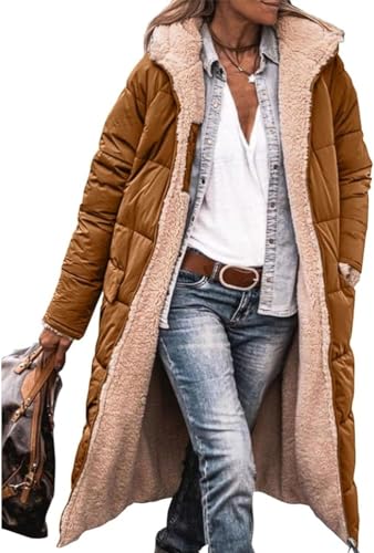 ASKSA Damen Lang Daunenmantel Warm Fleece Reversibel Winterjacke Kapuze Fleecejacke Daunenjacke Mantel (Braun,M) von ASKSA