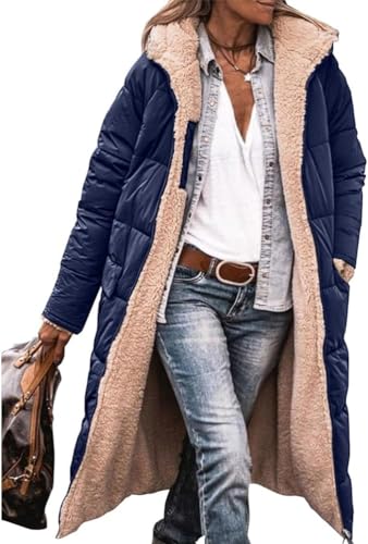 ASKSA Damen Lang Daunenmantel Warm Fleece Reversibel Winterjacke Daunenjacke Mantel Kapuze Fleecejacke (Dunkelblau,L) von ASKSA