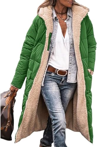 ASKSA Damen Lang Daunenmantel Warm Fleece Reversibel Winterjacke Daunenjacke Mantel Kapuze Fleecejacke (Dunkelgrün,M) von ASKSA