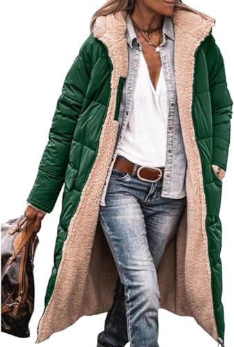 ASKSA Damen Lang Daunenmantel Warm Fleece Reversibel Winterjacke Kapuze Fleecejacke Daunenjacke Mantel (Grün,L) von ASKSA