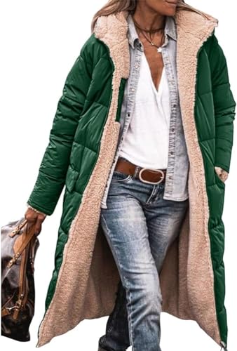 ASKSA Damen Lang Daunenmantel Warm Fleece Reversibel Winterjacke Daunenjacke Mantel Kapuze Fleecejacke (Grün,L) von ASKSA