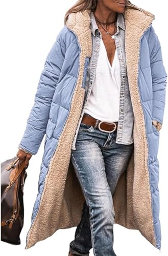 ASKSA Damen Lang Daunenmantel Warm Fleece Reversibel Winterjacke Daunenjacke Mantel Kapuze Fleecejacke (Hellblau,M) von ASKSA
