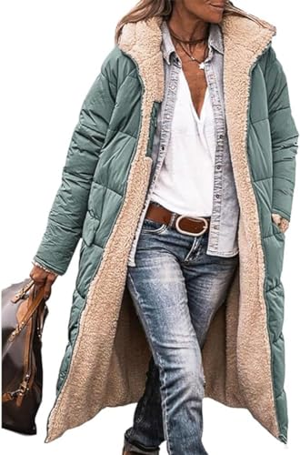 ASKSA Damen Lang Daunenmantel Warm Fleece Reversibel Winterjacke Kapuze Fleecejacke Daunenjacke Mantel (Hellgrün,XXL) von ASKSA