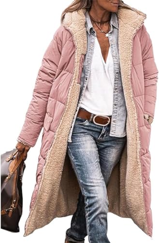 ASKSA Damen Lang Daunenmantel Warm Fleece Reversibel Winterjacke Kapuze Fleecejacke Daunenjacke Mantel (Hellpink,L) von ASKSA