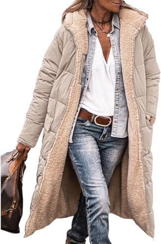 ASKSA Damen Lang Daunenmantel Warm Fleece Reversibel Winterjacke Daunenjacke Mantel Kapuze Fleecejacke (Khaki,L) von ASKSA