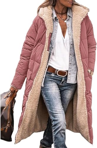 ASKSA Damen Lang Daunenmantel Warm Fleece Reversibel Winterjacke Kapuze Fleecejacke Daunenjacke Mantel (Rosa,L) von ASKSA