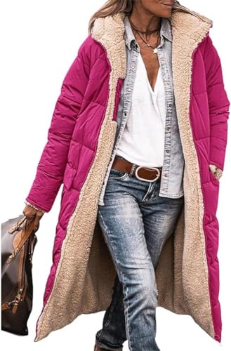 ASKSA Damen Lang Daunenmantel Warm Fleece Reversibel Winterjacke Daunenjacke Mantel Kapuze Fleecejacke (Rose Rot,XXL) von ASKSA