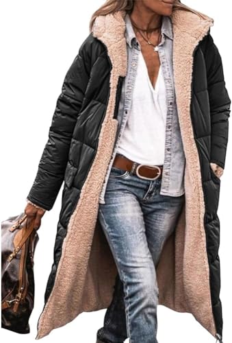 ASKSA Damen Lang Daunenmantel Warm Fleece Reversibel Winterjacke Daunenjacke Mantel Kapuze Fleecejacke (Schwarz,S) von ASKSA