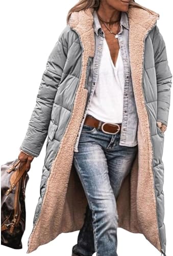 ASKSA Damen Lang Daunenmantel Warm Fleece Reversibel Winterjacke Daunenjacke Mantel Kapuze Fleecejacke (Silber,L) von ASKSA