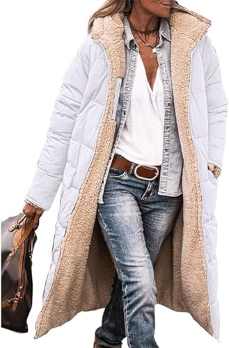 ASKSA Damen Lang Daunenmantel Warm Fleece Reversibel Winterjacke Daunenjacke Mantel Kapuze Fleecejacke (Weiß,XXL) von ASKSA