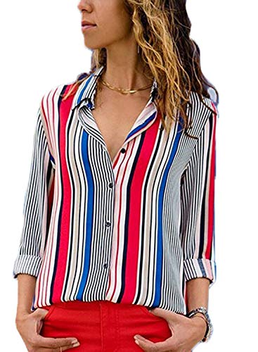 ASKSA Damen Langarm Bluse V-Ausschnitt Oberteile Elegant Gestreift Knopf Hemdbluse Tunika Tops S-XXL(Rot,XXL) von ASKSA