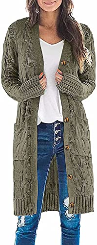 ASKSA Damen Langarm Strickjacke Lange Elegant Strick Mantel Open Front Zopfstrick Sweater Cardigan mit Knopfleiste und Taschen(Armeegrün,XL) von ASKSA