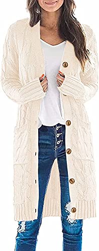 ASKSA Damen Langarm Strickjacke Lange Elegant Strick Mantel Open Front Zopfstrick Sweater Cardigan mit Knopfleiste und Taschen(Beige,M) von ASKSA