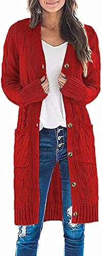 ASKSA Damen Langarm Strickjacke Lange Elegant Strick Mantel Open Front Zopfstrick Sweater Cardigan mit Knopfleiste und Taschen(Rot,S) von ASKSA