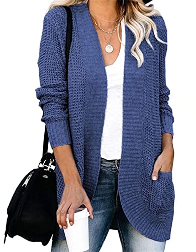 ASKSA Damen Langarm Strickpullover mit Taschen Offene Front Leichter Casual Weicher Strickjacke Oberbekleidung Mantel (Jeansblau,2XL) von ASKSA