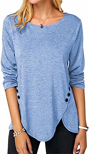 ASKSA Damen Langarmshirt Rundhals Tasten Lange Ärmel Einfarbig Langarm Lose Tunika Langarmbluse Lässig Oberteile Tops(Himmelblau,M) von ASKSA