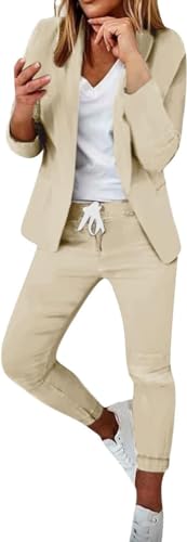 ASKSA Damen Lange Ärmel Hosenanzug Elegant Business Anzug Slim Fit Revers Set Einfarbig Streetwear Freizeitanzug Sportlich Anzughose (Aprikose,M) von ASKSA