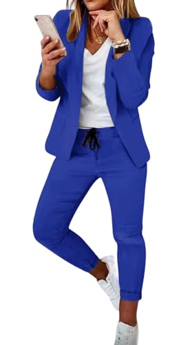 ASKSA Damen Lange Ärmel Hosenanzug Elegant Business Anzug Slim Fit Revers Set Einfarbig Streetwear Freizeitanzug Sportlich Anzughose (Blau,L) von ASKSA