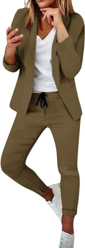 ASKSA Damen Lange Ärmel Hosenanzug Elegant Business Anzug Slim Fit Revers Set Einfarbig Streetwear Freizeitanzug Sportlich Anzughose (Braun,S) von ASKSA