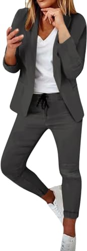 ASKSA Damen Lange Ärmel Hosenanzug Elegant Business Anzug Slim Fit Revers Set Einfarbig Streetwear Freizeitanzug Sportlich Anzughose (Dunkelgrau,S) von ASKSA