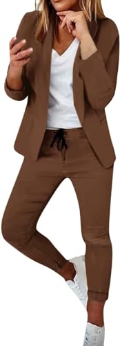ASKSA Damen Lange Ärmel Hosenanzug Elegant Business Anzug Slim Fit Revers Set Einfarbig Streetwear Freizeitanzug Sportlich Anzughose (Kaffee,M) von ASKSA