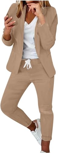 ASKSA Damen Lange Ärmel Hosenanzug Elegant Business Anzug Slim Fit Revers Set Einfarbig Streetwear Freizeitanzug Sportlich Anzughose (Khaki,2XL) von ASKSA
