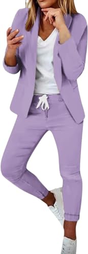 ASKSA Damen Lange Ärmel Hosenanzug Elegant Business Anzug Slim Fit Revers Set Einfarbig Streetwear Freizeitanzug Sportlich Anzughose (Lila,XL) von ASKSA