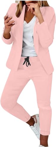 ASKSA Damen Lange Ärmel Hosenanzug Elegant Business Anzug Slim Fit Revers Set Einfarbig Streetwear Freizeitanzug Sportlich Anzughose (Rosa,L) von ASKSA