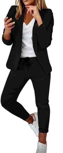 ASKSA Damen Lange Ärmel Hosenanzug Elegant Business Anzug Slim Fit Revers Set Einfarbig Streetwear Freizeitanzug Sportlich Anzughose (Schwarz-a,M) von ASKSA
