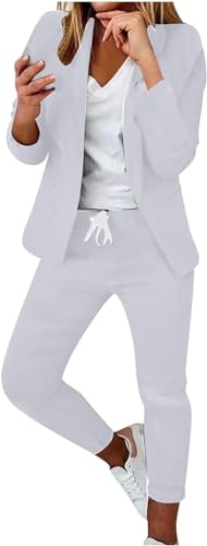 ASKSA Damen Lange Ärmel Hosenanzug Elegant Business Anzug Slim Fit Revers Set Einfarbig Streetwear Freizeitanzug Sportlich Anzughose (Weiß,S) von ASKSA
