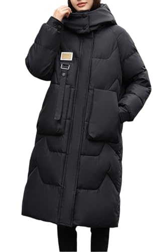 ASKSA Damen Langer Daunenjacke Winter Daunenmantel Warmer Parka Steppmantel Jacke mit Kapuze (Schwarz,M) von ASKSA