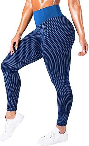 ASKSA Damen Leggings Honeycomb Sporthose Anti Cellulite High Waist Yogahosen Stretch Push Up Workout Heiße Hose Lange Sport Yoga Fitness Butt Lift Jogginghose(Blau,S) von ASKSA