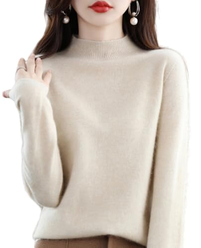 ASKSA Damen Leichter Pullover mit Stehkragen Langarm Strickpullover Pulli Sweatshirt Solid Weich Oberteile (Beige,L) von ASKSA