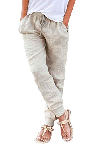 ASKSA Damen Leinenhose 7/8 Länge Leichte Sommerhose Strandhose Bequem Loose Einfarbig Jogginghose Freizeithose Mit Kordelzug(B-Beige, S) von ASKSA