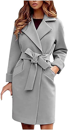 ASKSA Damen Mittellange Winter Mantel Elegant Trenchcoat Jacken mit Gürtel Winterjacke Warmer Langarm Shacket Winterparka Boyfriend Dufflecoat(Grau,L) von ASKSA