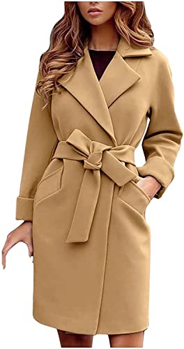 ASKSA Damen Mittellange Winter Mantel Elegant Trenchcoat Jacken mit Gürtel Winterjacke Warmer Langarm Shacket Winterparka Boyfriend Dufflecoat(Khaki,M) von ASKSA