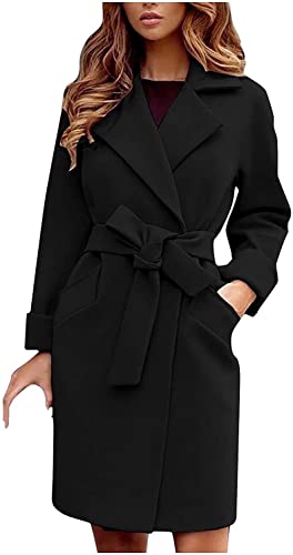 ASKSA Damen Mittellange Winter Mantel Elegant Trenchcoat Jacken mit Gürtel Winterjacke Warmer Langarm Shacket Winterparka Boyfriend Dufflecoat(Schwarz,M) von ASKSA