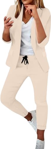 ASKSA Damen Mittellangen Ärmel Hosenanzug Elegant Business Anzug Slim Fit Revers Set Einfarbig Streetwear Freizeitanzug Sportlich Anzughose (Aprikose,M) von ASKSA