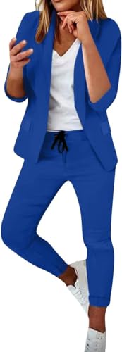 ASKSA Damen Mittellangen Ärmel Hosenanzug Elegant Business Anzug Slim Fit Revers Set Einfarbig Streetwear Freizeitanzug Sportlich Anzughose (Blau,XL) von ASKSA