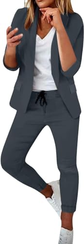 ASKSA Damen Mittellangen Ärmel Hosenanzug Elegant Business Anzug Slim Fit Revers Set Einfarbig Streetwear Freizeitanzug Sportlich Anzughose (Dunkelgrau,XL) von ASKSA