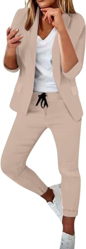 ASKSA Damen Mittellangen Ärmel Hosenanzug Elegant Business Anzug Slim Fit Revers Set Einfarbig Streetwear Freizeitanzug Sportlich Anzughose (Khaki,M) von ASKSA