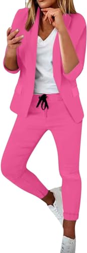 ASKSA Damen Mittellangen Ärmel Hosenanzug Elegant Business Anzug Slim Fit Revers Set Einfarbig Streetwear Freizeitanzug Sportlich Anzughose (Roserot,L) von ASKSA