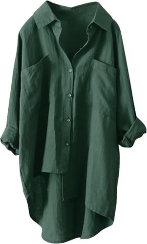 ASKSA Damen Musselin Bluse Sommer Leichte Atmungsaktive Leinenhemd Tshirt Casual Locker Leinenbluse Top Einfarbige Langarm Blusenshirt Langarmshirt Leinen Baumwolle Hemd Oberteile (Grün,M) von ASKSA