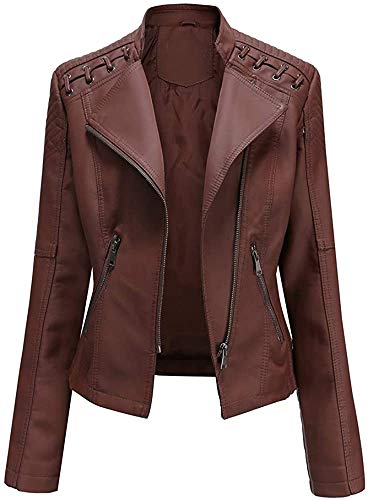 ASKSA Damen PU Lederjacke Kunstleder Jacke Reißverschluss Motorrad Outwear Casual Slim Bikerjacke Faux Leather Kurze Jacken(Kaffee,L) von ASKSA