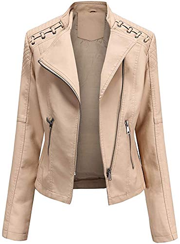 ASKSA Damen PU Lederjacke Kunstleder Jacke Reißverschluss Motorrad Outwear Casual Slim Bikerjacke Faux Leather Kurze Jacken(Khaki,XXL) von ASKSA