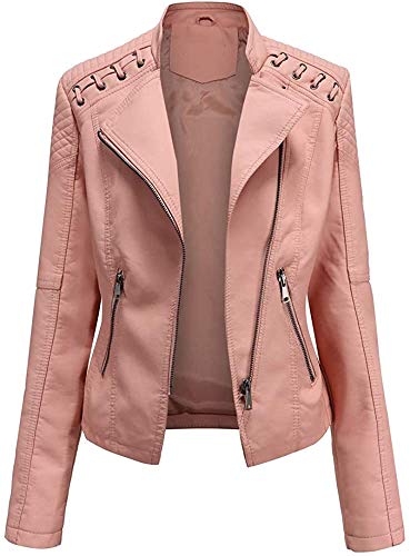 ASKSA Damen PU Lederjacke Kunstleder Jacke Reißverschluss Motorrad Outwear Casual Slim Bikerjacke Faux Leather Kurze Jacken(Rosa,S) von ASKSA