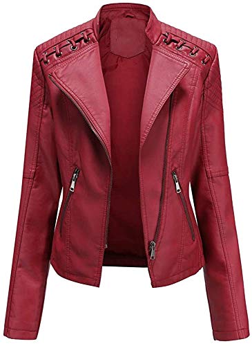 ASKSA Damen PU Lederjacke Kunstleder Jacke Reißverschluss Motorrad Outwear Casual Slim Bikerjacke Faux Leather Kurze Jacken(Rot,L) von ASKSA