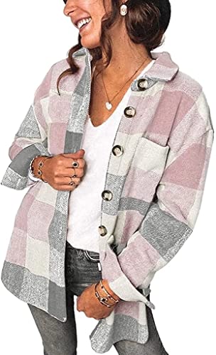 ASKSA Damen Plaid Shirts Knöpfe Hemd Karohemd Flanell Farbblock Oberteile Hemdbluse Langarmshirt Boyfriend Jacke Cardigan Mäntel(Rosa,S) von ASKSA