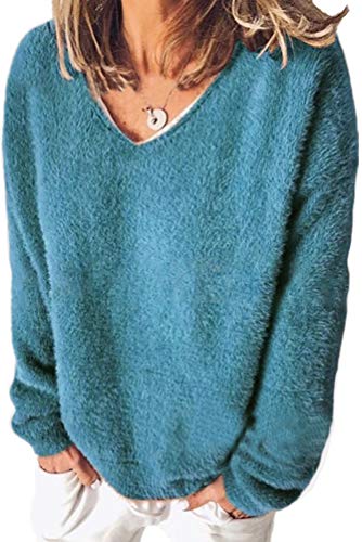 ASKSA Damen Plüsch Pullover V-Ausschnitt Lose Langearmshirt Rundhals Langarm Sweatshirt Pullis Frauen Casual Strickpullover Sweater Oberteil Strickpulli Bluse Tops(Blau,XXL) von ASKSA
